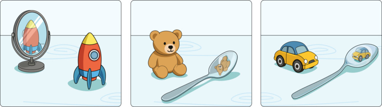 Curved Mirror Reflections &ndash; Concave and Convex with Spoon and Mirror, Vector Illustration