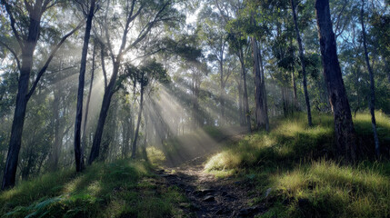 Obraz premium Early morning hike mist and light rays filtering through trees. 