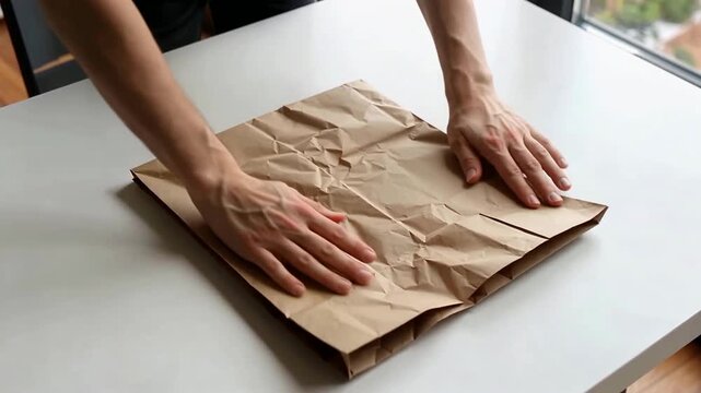 Hands folding a large piece of brown paper on a white table in a well-lit room