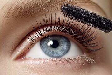 Obraz premium Soft minimalist glamour as a woman coats her lashes with gentle mascara strokes.