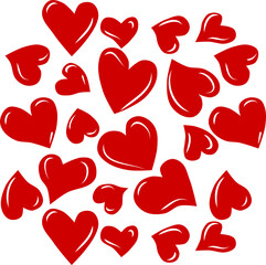 Illustration seamless of scattered shiny red hearts of various sizes on a light grey background, perfect for Valentine's Day designs and romantic textures.