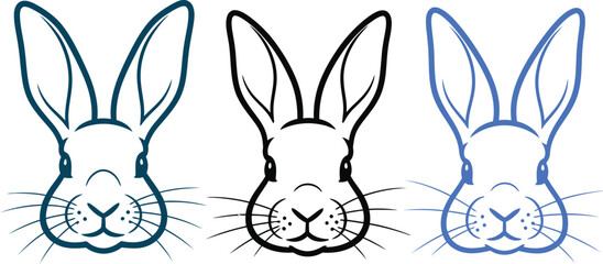 Three rabbit heads in outlines black green and blue