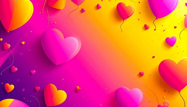 Ultra Vibrant Heart Balloons Border Background: Hot Pink, Yellow Gradient for Love, Party, and Valentine's Day Design.