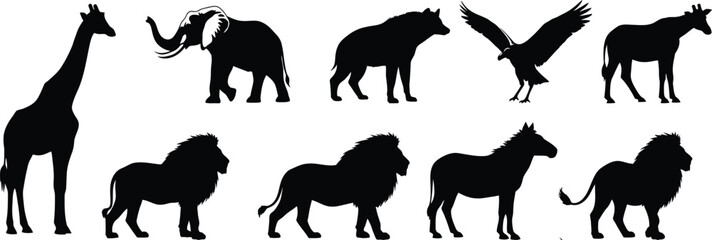 Silhouettes of african animals giraffe elephant lion zebra and eagle