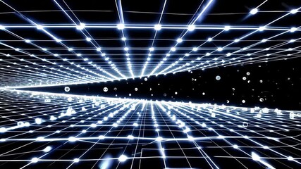 Futuristic glowing digital tunnel with bright neon grid lines and floating particles creating immersive sci-fi depth, concept of virtual space, data flow and advanced cyber technology - Powered by Adobe