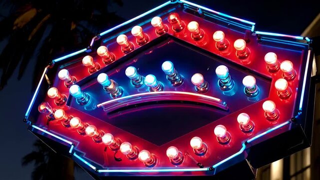 Bright retro illuminated marquee sign with colorful bulbs glowing in vibrant night atmosphere, concept of vintage entertainment, amusement park aesthetic and lively urban nightlife