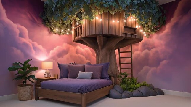 Magical kids bedroom with whimsical treehouse bed, dreamy purple walls and warm string lights creating a cozy fantasy atmosphere