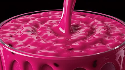 Bright pink dragon fruit smoothie with dripping texture and exotic fruit toppings in a glass against black background