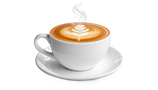 Coffee Cup with Steam and Foam Art, Isolated on White Background - Cut Out.