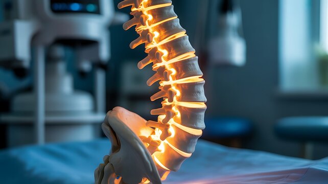 Lumbar spine model with glowing vertebrae on a medical table - Powered by Adobe