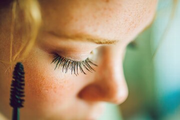 Minimalist mix of skincare and mascara application on a woman with soft light.
