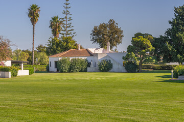 Well-maintained green lawn extends to a small white villa framed by lush trees and blue skies.