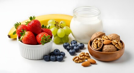 A vibrant assortment of fresh, healthy fruits strawberries, blueberries, grapes, banana, nutritious nuts walnuts, almonds, and a glass of milk, isolated on white background