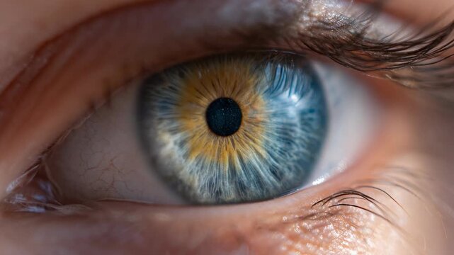 Close-up of a human eye showcasing vibrant colors and intricate details, perfect for eye care and beauty themes