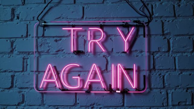 Bright pink neon try again sign glowing on textured dark blue brick wall creating bold motivational atmosphere with modern urban aesthetic