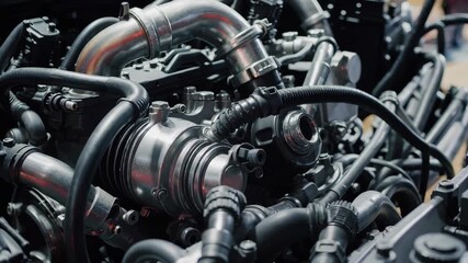 High detail automotive engine close up showing complex metallic pipes hoses and mechanical components creating industrial engineering performance concept