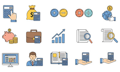 Flat Color Line Icon Set for Accounting, Finance, and Business Calculation - Budgeting, Analysis, and Reporting