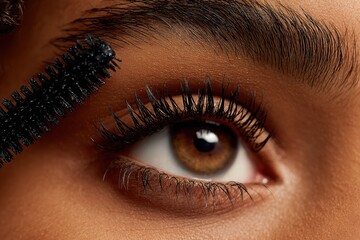 Obraz premium Luxury minimal beauty moment of a woman applying mascara with elegant precision .