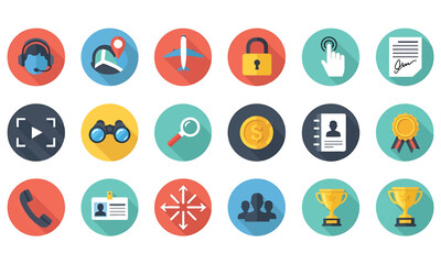 Flat Design Icon Set for Business, Travel, Support, and Success - Customer Service, Security, and Management