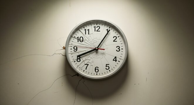 Broken hospital wall clock stopped at death time mounted on simple pale wall with minor cracks, copy space