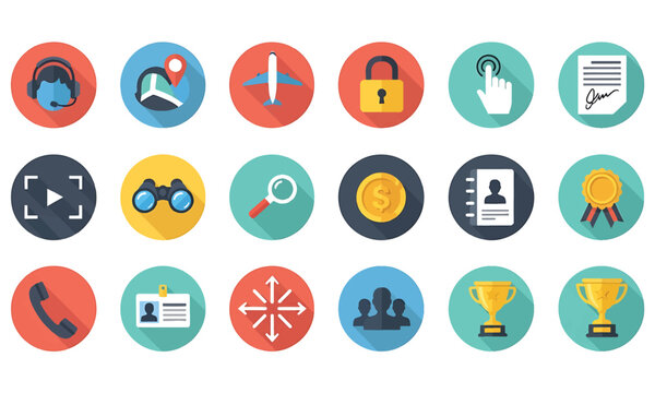 Flat Design Icon Set for Business, Travel, Support, and Success - Customer Service, Security, and Management