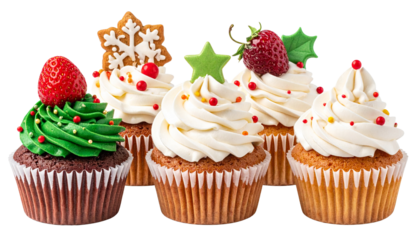 Colorful cupcakes topped with icing and sprinkles. Perfect dessert PNG for bakery designs, party invitations, food blogs, celebrations, and festive digital projects.