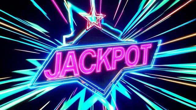 Vibrant neon jackpot sign exploding with colorful dynamic light streaks representing luck winning excitement and energetic casino celebration theme