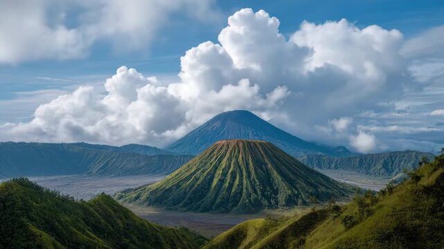 A breathtaking panoramic view showcases a majestic volcanic landscape under a vibrant blue sky adorned with dramatic, fluffy white clouds. Multiple towering peaks dominate the horizon, including a ver