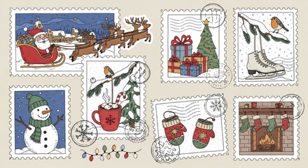 Hand-Drawn Winter Holiday Postage Stamps in Doodle Sketch Style