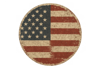 United states flag round emblem featuring vintage distressed texture celebrating patriotism and independence with red white blue colors