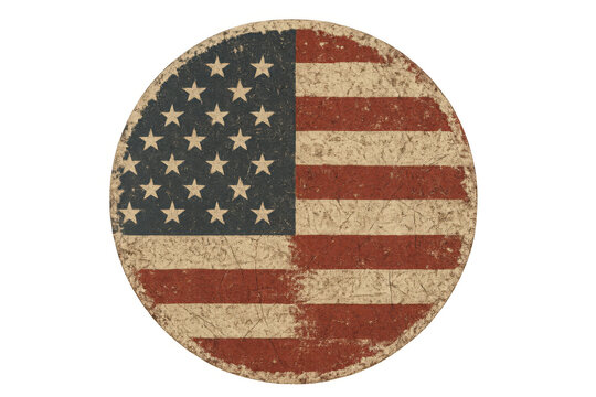 United states flag round emblem featuring vintage distressed texture celebrating patriotism and independence with red white blue colors