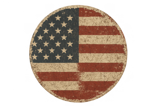 United states flag round emblem featuring vintage distressed texture celebrating patriotism and independence with red white blue colors