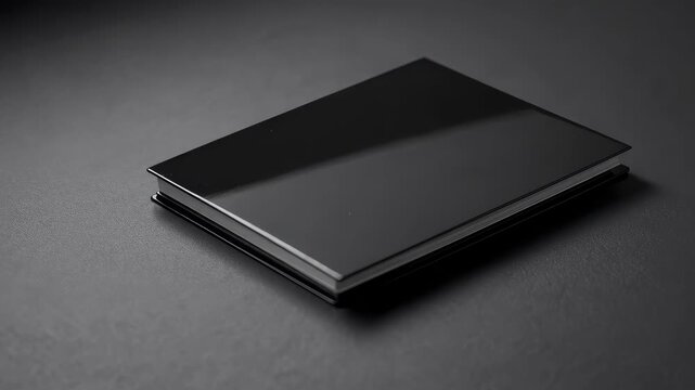 Closed black notebook lying on dark surface with dramatic lighting, mysterious diary or business planner