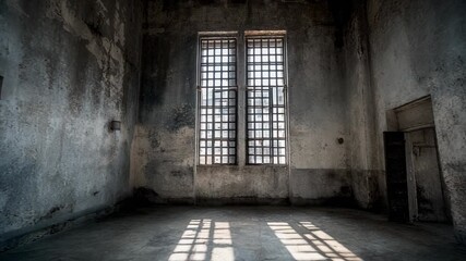 Spacious abandoned room with large windows and dramatic light shadows creating an eerie atmosphere - Powered by Adobe