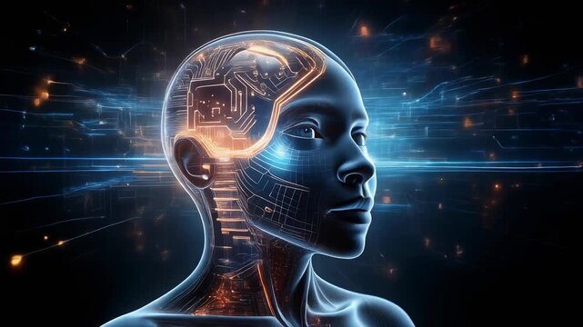 Futuristic digital head with glowing circuits representing artificial intelligence and technology