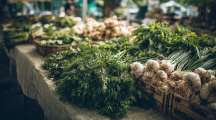 Farmer&rsquo;s market filled with fresh produce and herbs.