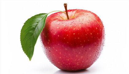 red apple with green leaf isolated on white background