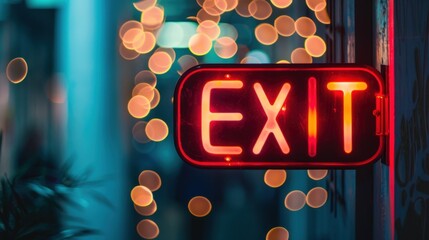 A glowing red exit sign illuminates a dimly lit corridor. Soft bokeh lights create a warm atmosphere in the background.