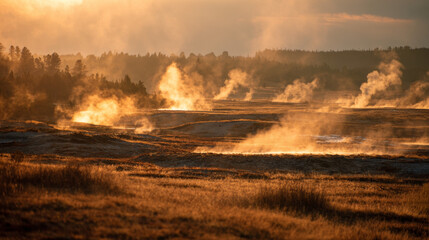 Field of hot geysers steaming under golden sunlight. 