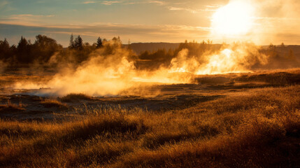 Field of hot geysers steaming under golden sunlight. 