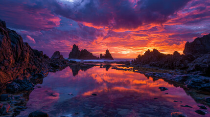 Fiery sunset reflecting off volcanic rock formations.