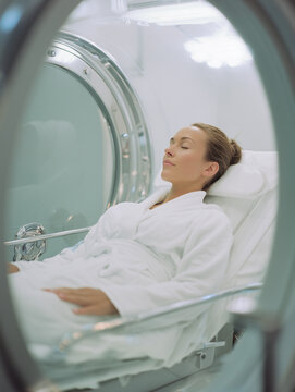 Hyperbaric oxygen therapy for wound healing and longevity. Person using HBOT chamber for skin rejuvenation	
