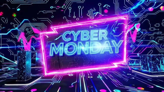 Vibrant neon cyber monday text over digital circuit board background, online shopping and high tech e-commerce event