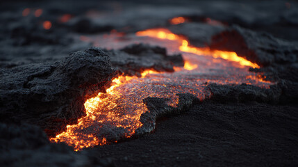 Flowing lava illuminating black volcanic rock in stark contrast. 