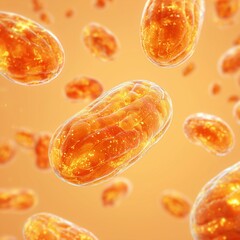 A Collection of Vibrant Microbial Cells With Glowing Orange Textures Floating Against a Warm Background in a Microscopic View