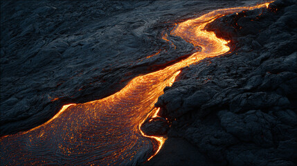 Flowing lava illuminating black volcanic rock in stark contrast. 