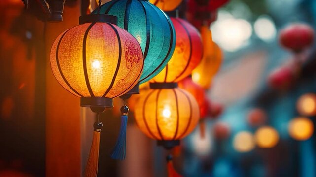 Vibrant Lanterns Illuminate Festive Night, Creating Magical Atmosphere.