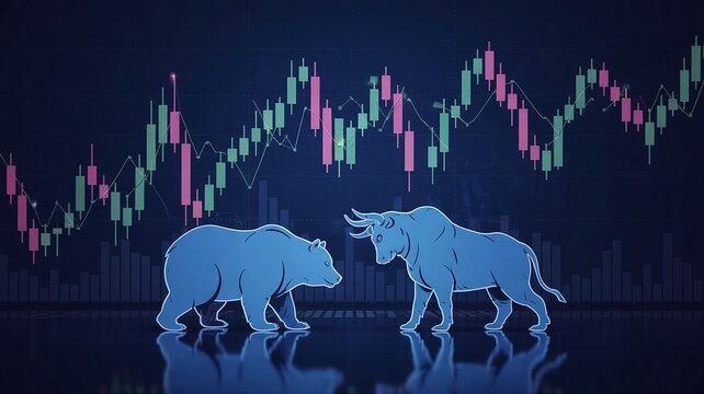 Dynamic financial markets concept featuring bull and bear symbols with stock market graph background for investment decisions and trading analysis