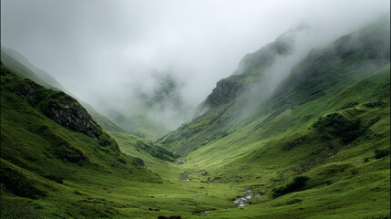 Fog rolling gently through a green mountain valley. 