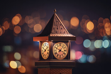 Clock tower glowing at midnight with warm bokeh lights in background, creating dreamy and nostalgic night cityscape atmosphere